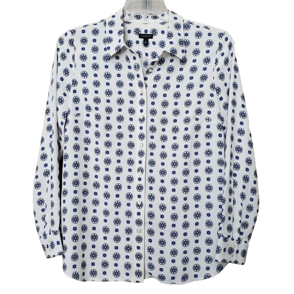 Talbots Off-White Medallion Print Long Sleeve Button-Up Shirt Size Medium